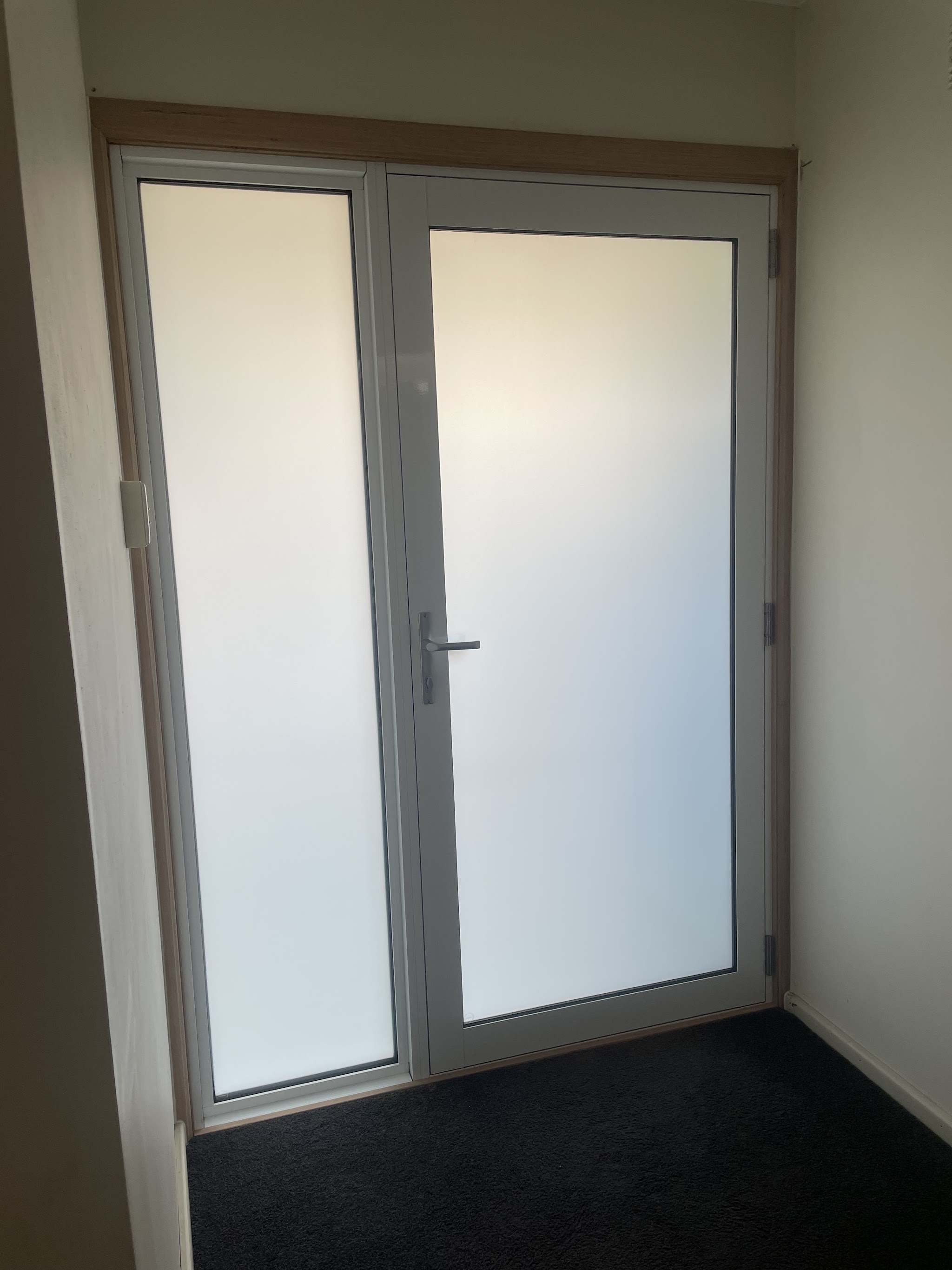 A finished grey aluminium hinged door with obscure glazing and a matching glazed sidelight, seen from inside a carpeted room